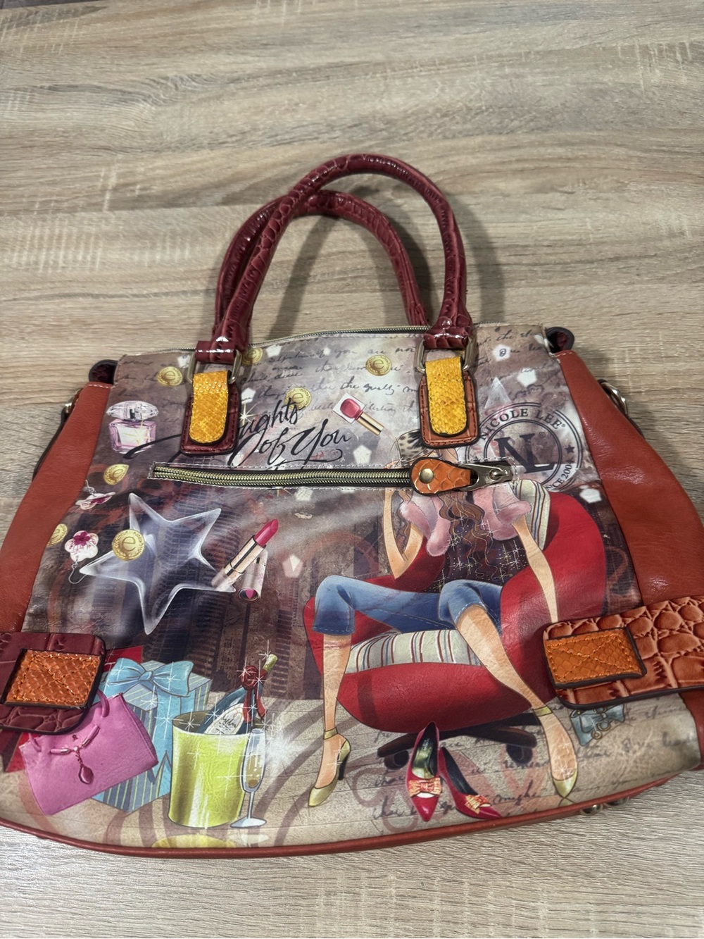 Nicole Lee Multicolor Illustrated Satchel with Red Handles